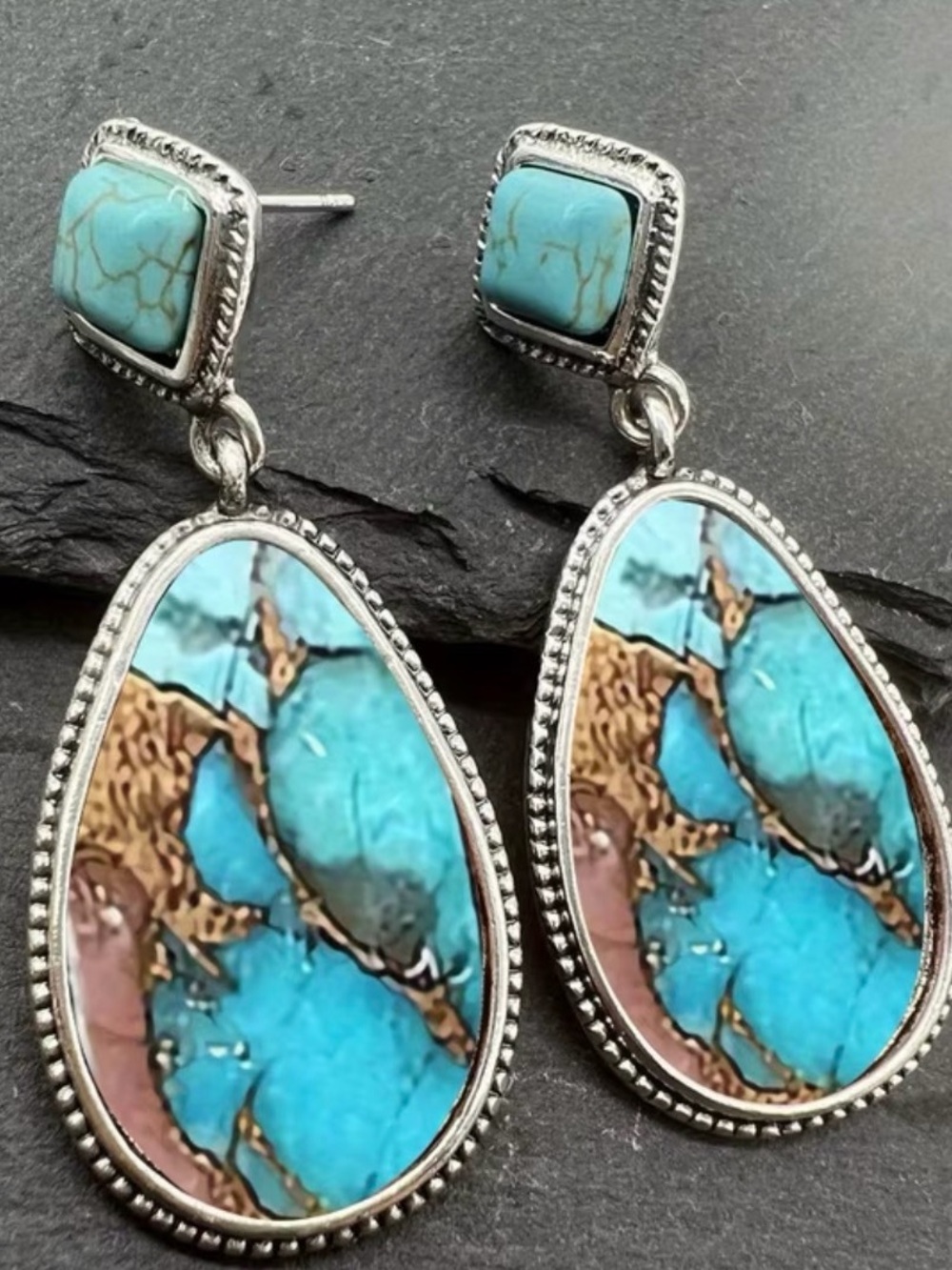 Turquoise Teardrop Dangle Earrings - Blue Stone Silver Setting